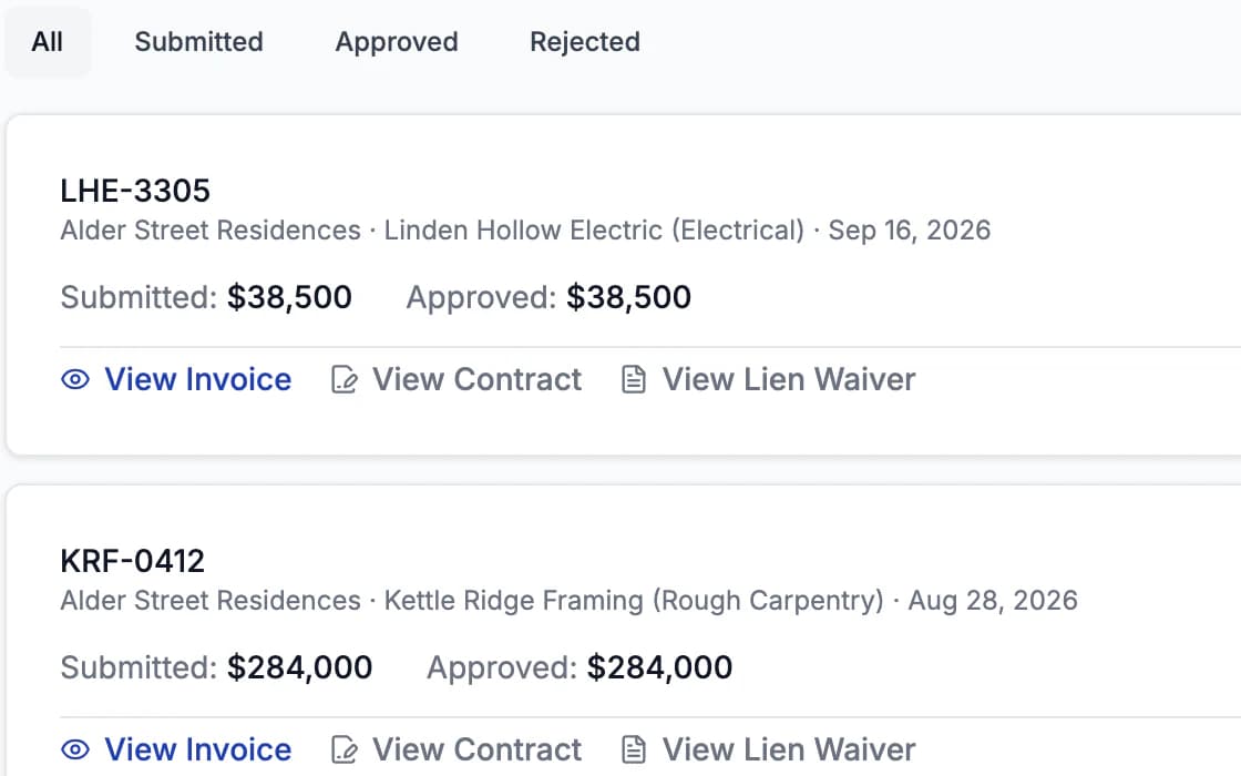 Constructura invoices list with subcontractor invoices and their status. Demo data.