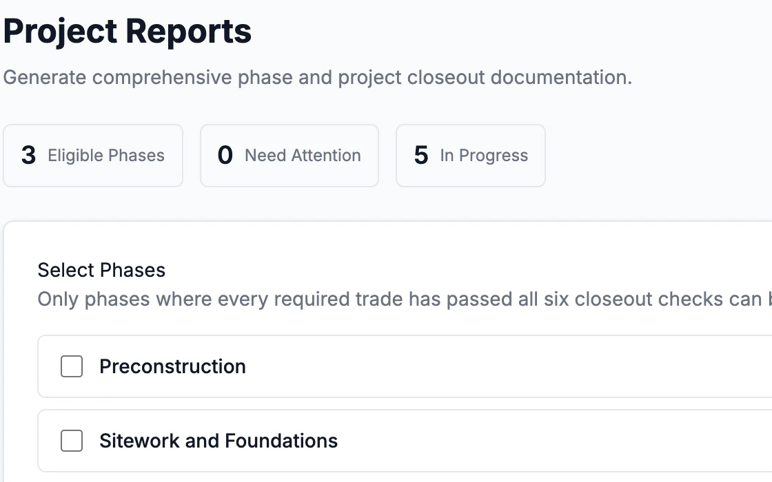 Constructura project reports view for Alder Street Residences. Demo data.