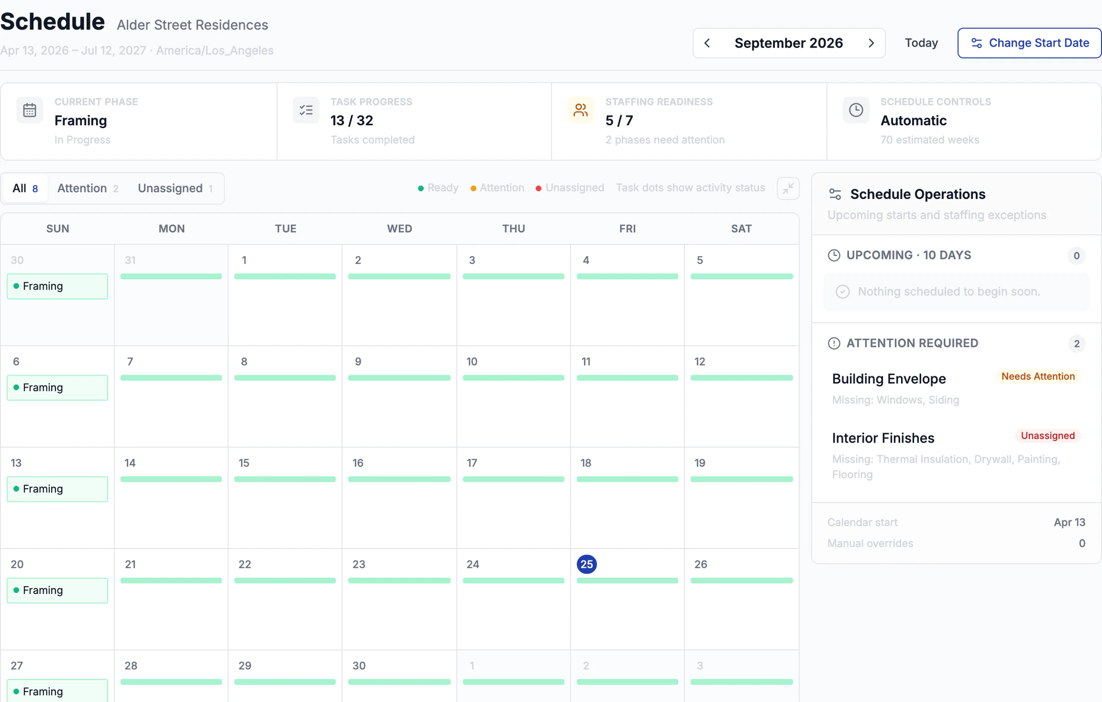 Schedule view for September 2026 with the Framing phase in progress and upcoming phases that still need subcontractors. Demo data.